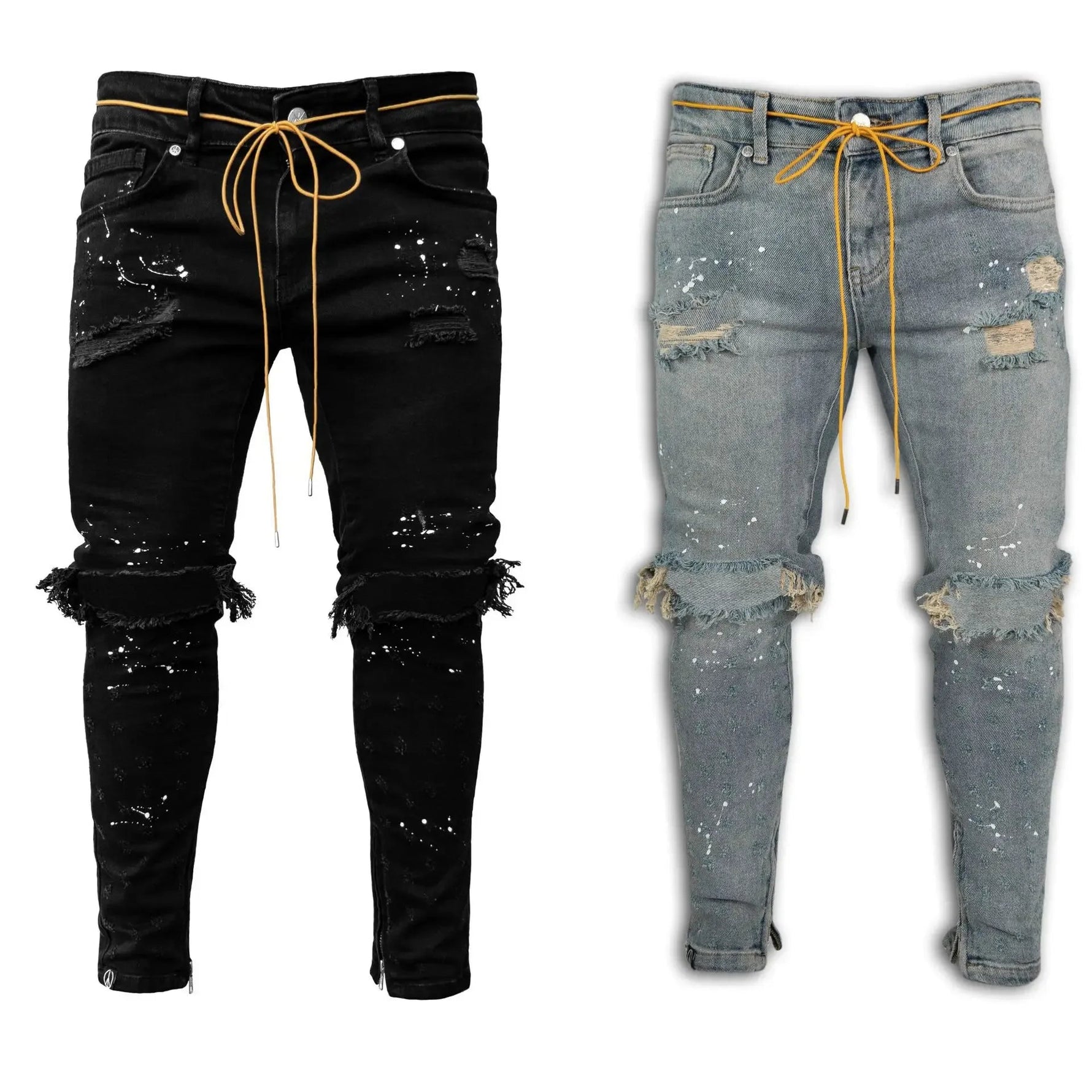 Men Long Jeans Pants Denim Pencil Pant Hole Splice Simple Slim Fit Zipper Lace Up Tight Waist Straight Trousers Autumn - flohmarkt-deutschland.shop
