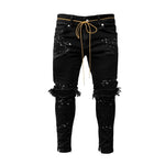 Men Long Jeans Pants Denim Pencil Pant Hole Splice Simple Slim Fit Zipper Lace Up Tight Waist Straight Trousers Autumn - flohmarkt-deutschland.shop