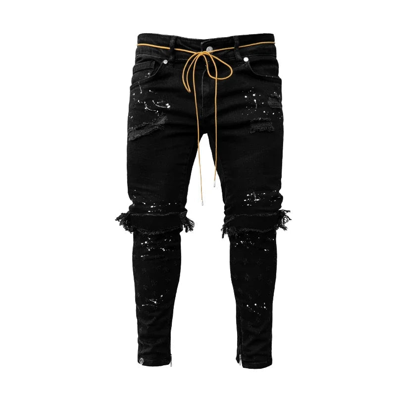 Men Long Jeans Pants Denim Pencil Pant Hole Splice Simple Slim Fit Zipper Lace Up Tight Waist Straight Trousers Autumn - flohmarkt-deutschland.shop