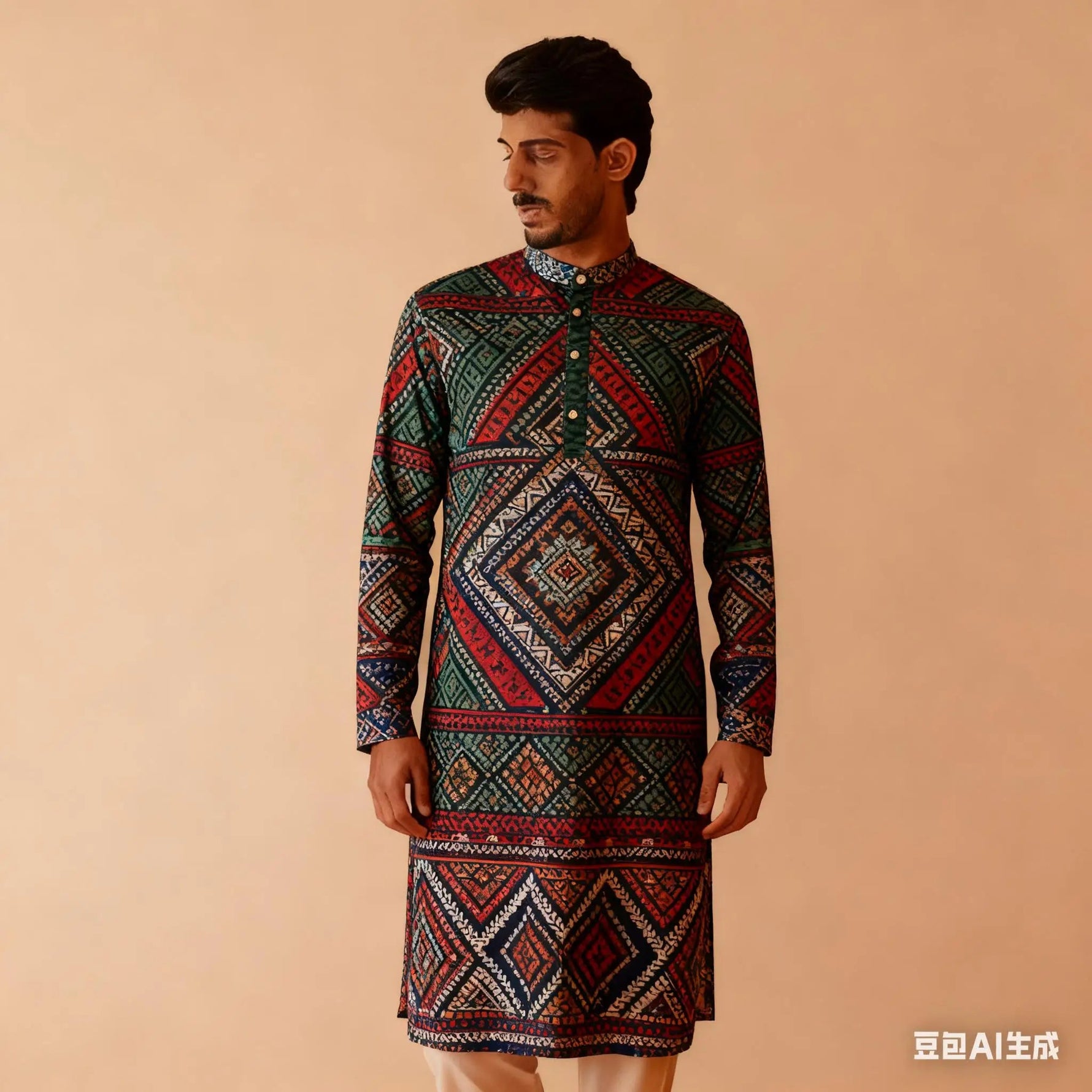 Men Muslim Simple Casual Shirt Ethnic Printing Style Long Sleeve Shirt Stand Collar Islam Homme Muslimische Kleider Herren - flohmarkt-deutschland.shop