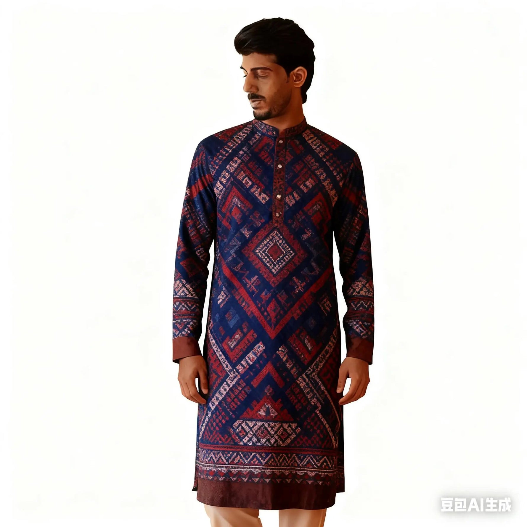 Men Muslim Simple Casual Shirt Ethnic Printing Style Long Sleeve Shirt Stand Collar Islam Homme Muslimische Kleider Herren - flohmarkt-deutschland.shop