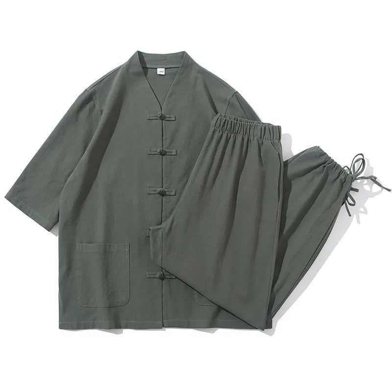 Men Two Piece Outfit Men Tranditional Hanfu Tracksuit Summer Tang Suit Chinese Style Cotton Linen Tops& Bottoms Male Retro Sets - flohmarkt-deutschland.shop