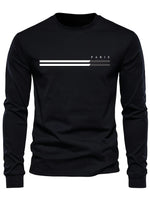 Men's 100% pure cotton summer loose comfortable casual PARIS print large round neck long sleeve T-shirt top - flohmarkt-deutschland.shop