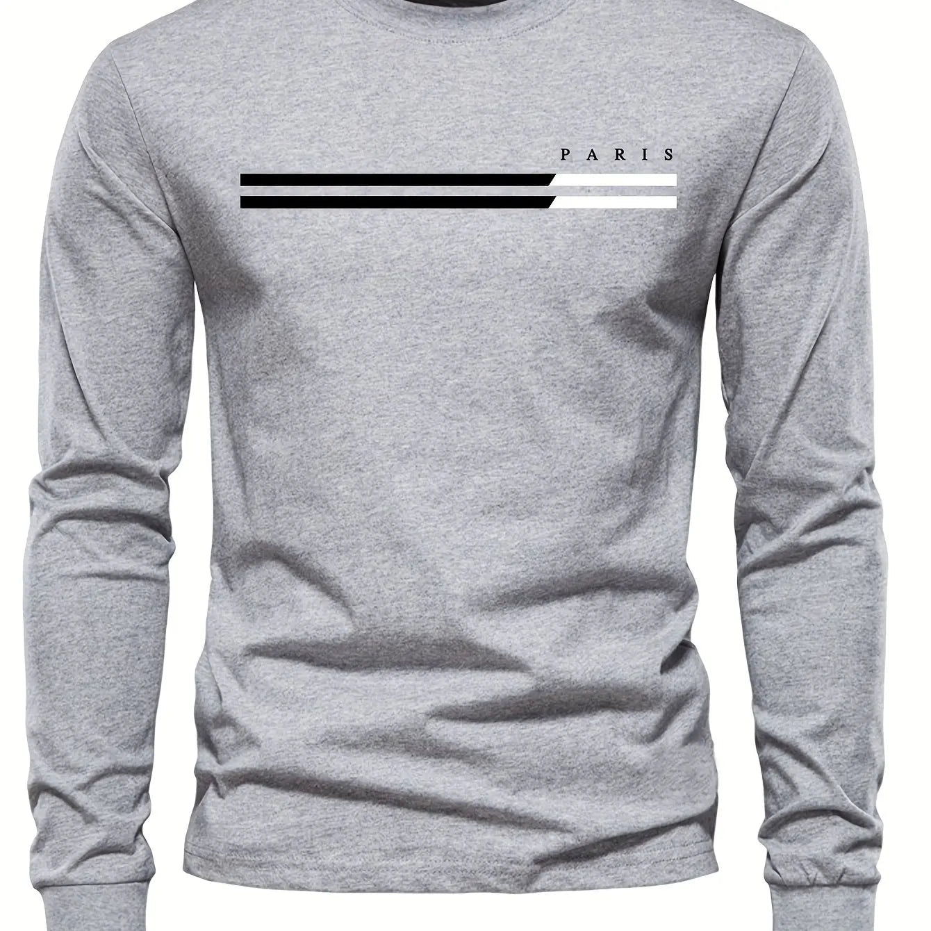 Men's 100% pure cotton summer loose comfortable casual PARIS print large round neck long sleeve T-shirt top - flohmarkt-deutschland.shop