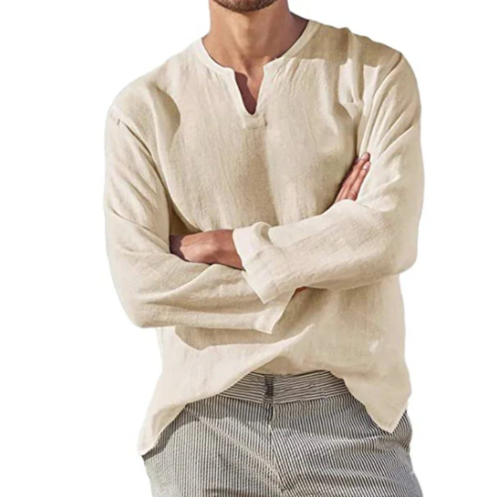 Men's Cotton Linen Shirt Cozy Solid Color Long Sleeve Breathable Tops V Neck Casual Blouse Hawaiian Shirt Lightweight Shirts - flohmarkt-deutschland.shop