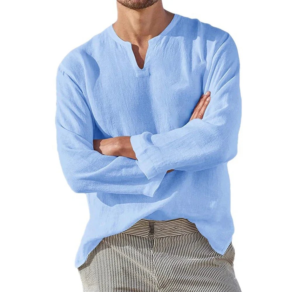Men's Cotton Linen Shirt Cozy Solid Color Long Sleeve Breathable Tops V Neck Casual Blouse Hawaiian Shirt Lightweight Shirts - flohmarkt-deutschland.shop