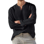 Men's Cotton Linen Shirt Cozy Solid Color Long Sleeve Breathable Tops V Neck Casual Blouse Hawaiian Shirt Lightweight Shirts - flohmarkt-deutschland.shop