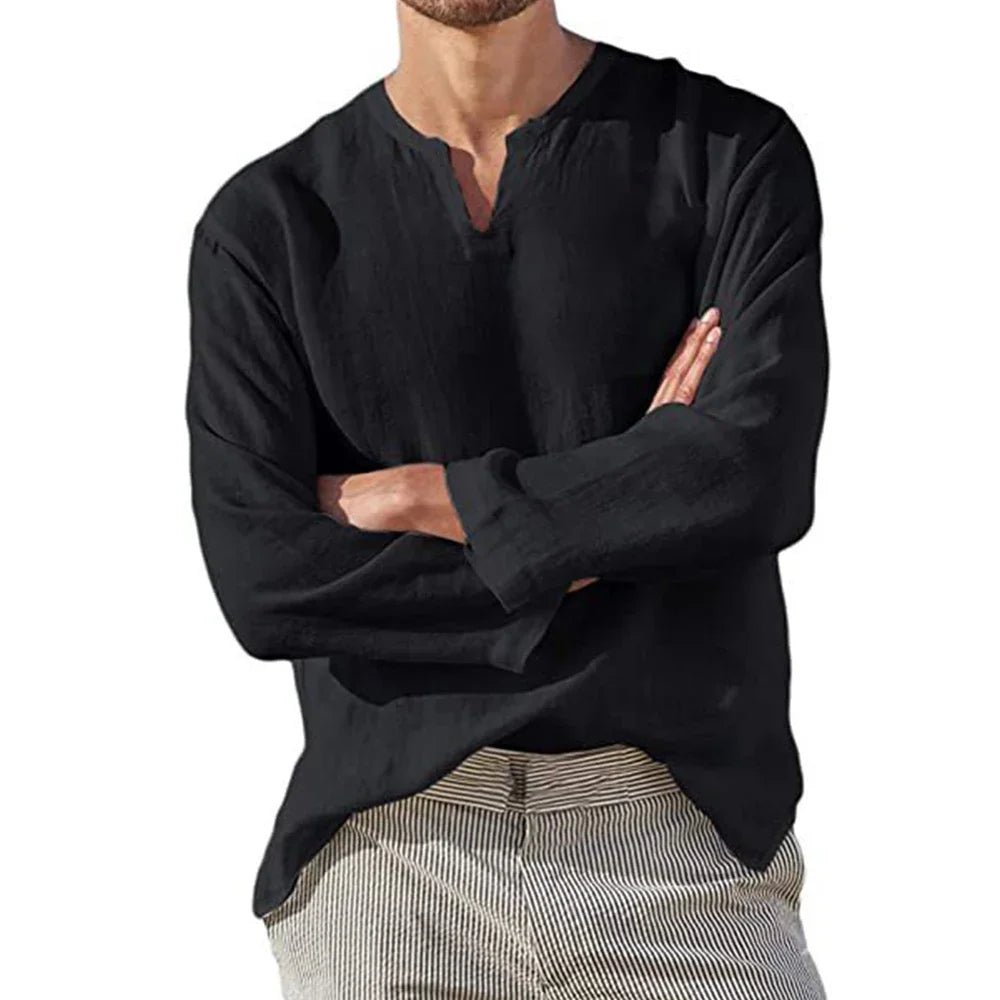 Men's Cotton Linen Shirt Cozy Solid Color Long Sleeve Breathable Tops V Neck Casual Blouse Hawaiian Shirt Lightweight Shirts - flohmarkt-deutschland.shop