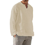 Men's Cotton Linen Shirt Cozy Solid Color Long Sleeve Breathable Tops V Neck Casual Blouse Hawaiian Shirt Lightweight Shirts - flohmarkt-deutschland.shop