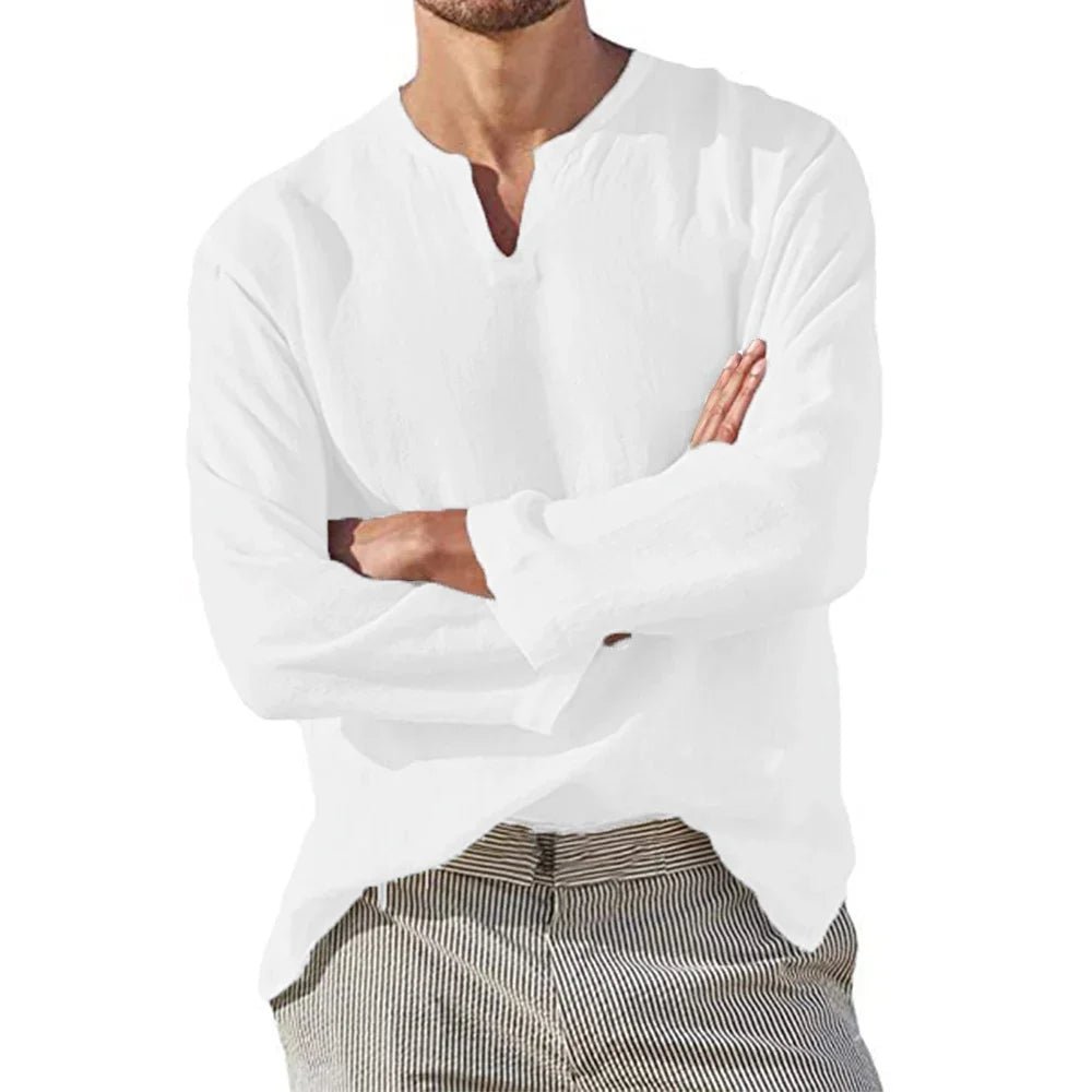 Men's Cotton Linen Shirt Cozy Solid Color Long Sleeve Breathable Tops V Neck Casual Blouse Hawaiian Shirt Lightweight Shirts - flohmarkt-deutschland.shop