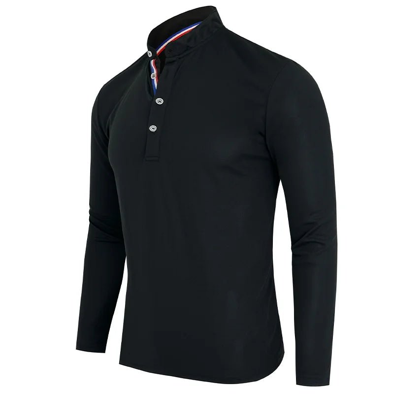 Men's Polo Shirt-Spring and Autumn Casual Business Buckle Henry Collar Long sleeve, Comfortable Style, Breathable - flohmarkt-deutschland.shop