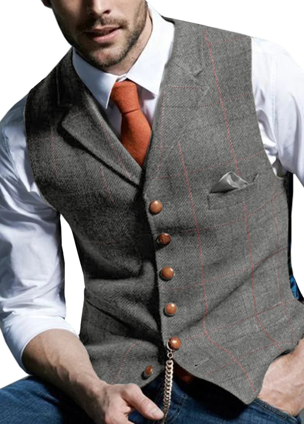 Mens Suit Vest Notched Plaid Wool Herringbone Tweed Waistcoat Casual Formal Business Groomman For Wedding - flohmarkt-deutschland.shop