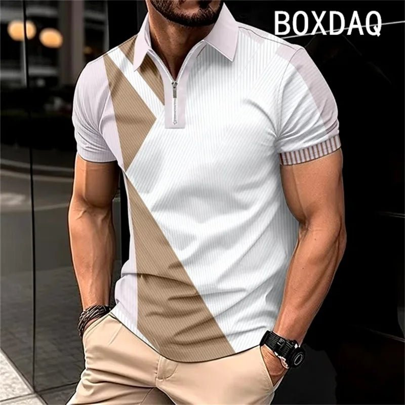 Men's Summer Short Sleeve Lapel Zipper Collar Polo Shirt Fashion Minimalist Casual Polo Shirt 3D Color Splicing Polo Shirt Tops - flohmarkt-deutschland.shop