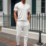 Men's Waffle Knit 2 Piece Set Short Sleeve Zip Henley Top & Jogger Pants Casual Athletic Tracksuit Soft Comfy Daily Wear - flohmarkt-deutschland.shop