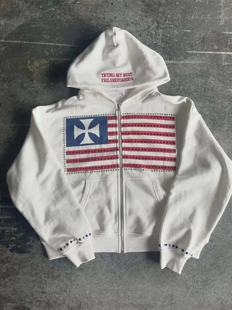 Nationalflagge Hoodie Herren – Y2K Harajuku, Reißverschluss, Herbst - flohmarkt-deutschland.shop