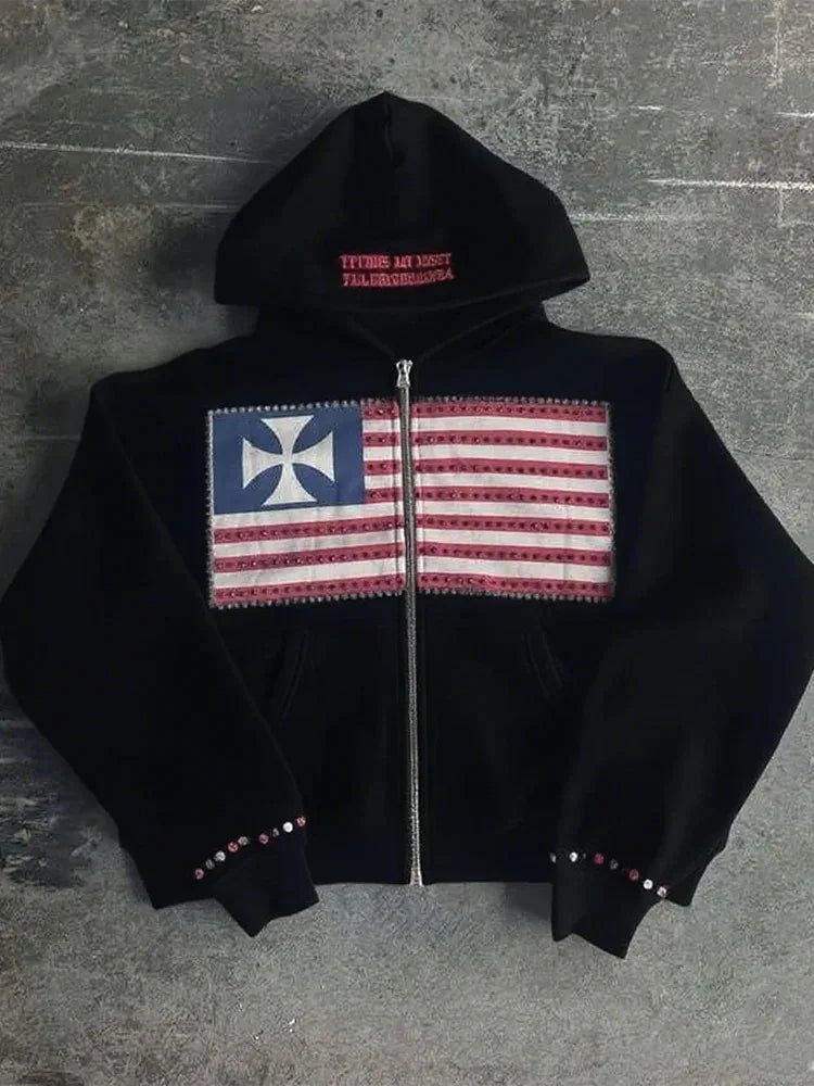 Nationalflagge Hoodie Herren – Y2K Harajuku, Reißverschluss, Herbst - flohmarkt-deutschland.shop