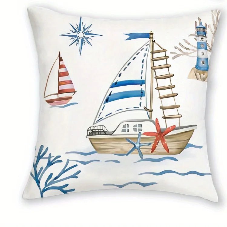 Nautische Kissenbezüge Küstenstil – Meeresmotiv, Marineblau (4er) - flohmarkt-deutschland.shop