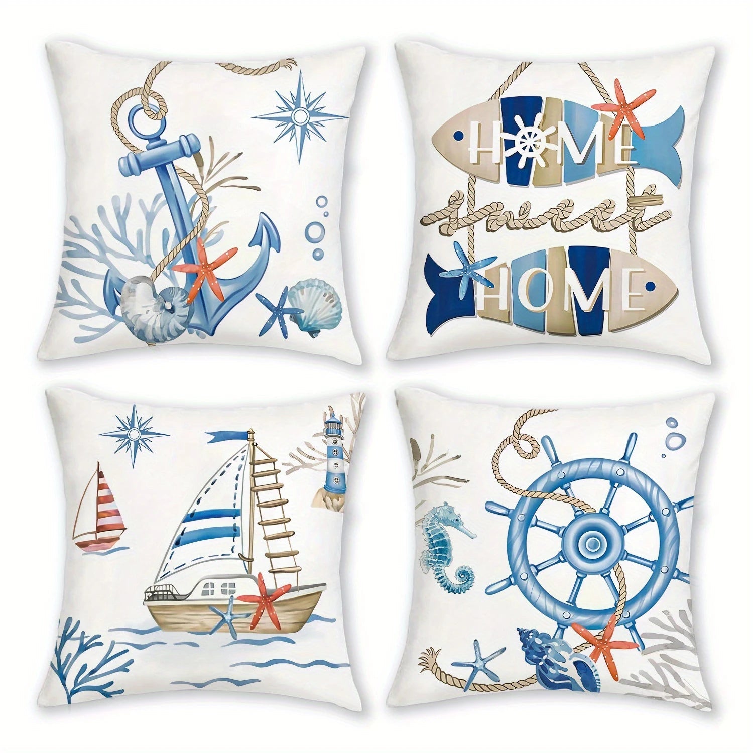 Nautische Kissenbezüge Küstenstil – Meeresmotiv, Marineblau (4er) - flohmarkt-deutschland.shop