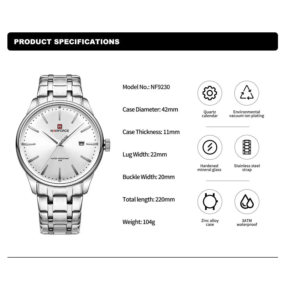NAVIFORCE Luxus männer Kalender Uhren Wasserdicht Mode Business Edelstahl Armband Quarz Armbanduhren Relogio Masculino - flohmarkt-deutschland.shop