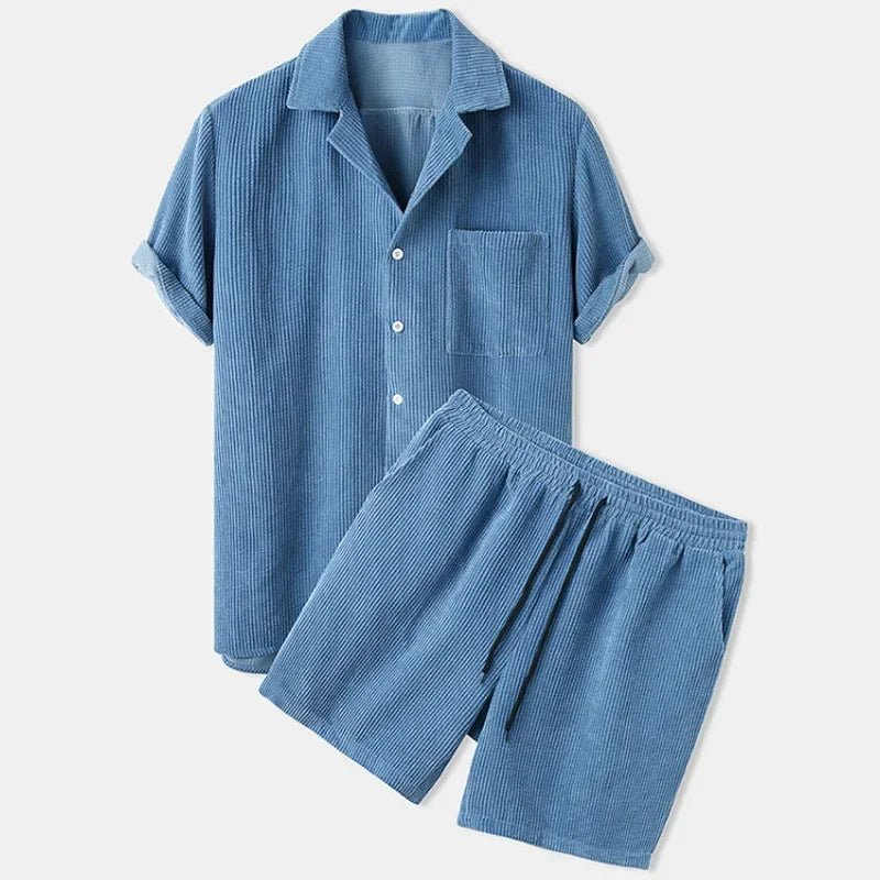 New 2026 Summer Men Corduroy Shorts Sets Fashion Lapel Short Sleeve Shirts +Shorts Solid 2 Piece Set Mens Casual Sportswear Sets - flohmarkt-deutschland.shop