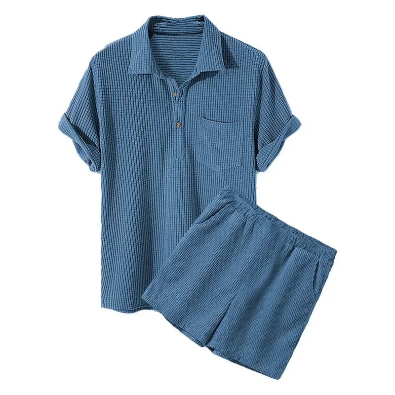 New 2026 Summer Men Corduroy Shorts Sets Fashion Lapel Short Sleeve Shirts +Shorts Solid 2 Piece Set Mens Casual Sportswear Sets - flohmarkt-deutschland.shop