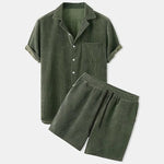 New 2026 Summer Men Corduroy Shorts Sets Fashion Lapel Short Sleeve Shirts +Shorts Solid 2 Piece Set Mens Casual Sportswear Sets - flohmarkt-deutschland.shop