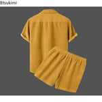 New 2026 Summer Men Corduroy Shorts Sets Fashion Lapel Short Sleeve Shirts +Shorts Solid 2 Piece Set Mens Casual Sportswear Sets - flohmarkt-deutschland.shop