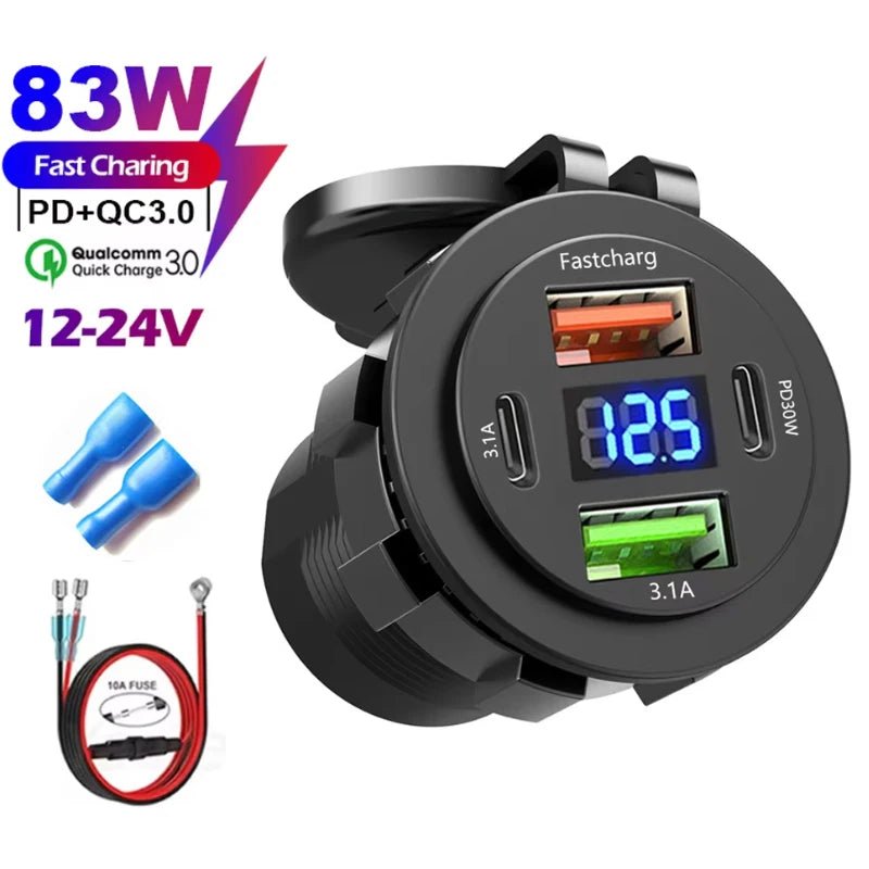 NEW 4 Ports Dual PD Dual QC 3.0 USB Car Charger with Voltmeter Socket Power Outlet Adapter Waterproof for 12V/24V Car Boat - flohmarkt-deutschland.shop