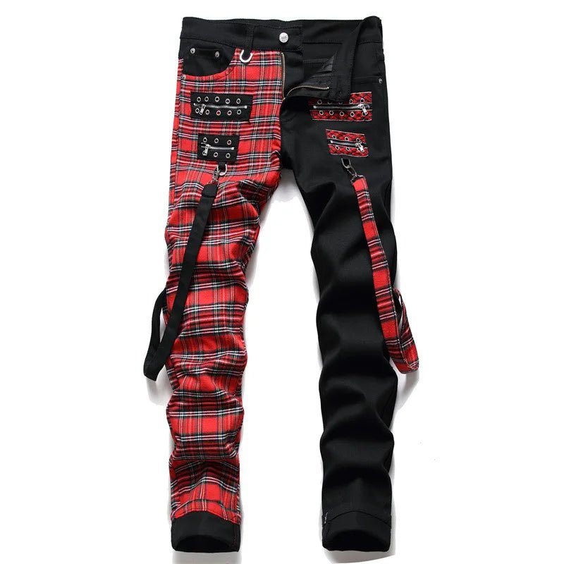 New Fashion Red Plaid Patchwork Punk Zipper Men Pencil Jeans Trousers Y2K Buckle Hip Hop Gothic Slim Denim Pants Pantaloni Uomo - flohmarkt-deutschland.shop