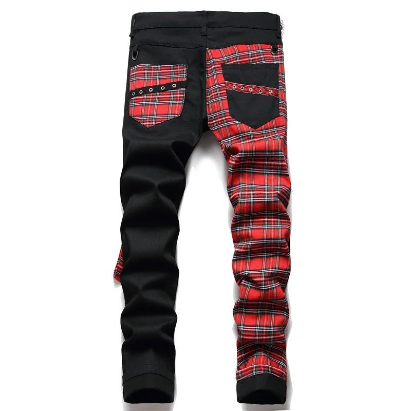 New Fashion Red Plaid Patchwork Punk Zipper Men Pencil Jeans Trousers Y2K Buckle Hip Hop Gothic Slim Denim Pants Pantaloni Uomo - flohmarkt-deutschland.shop
