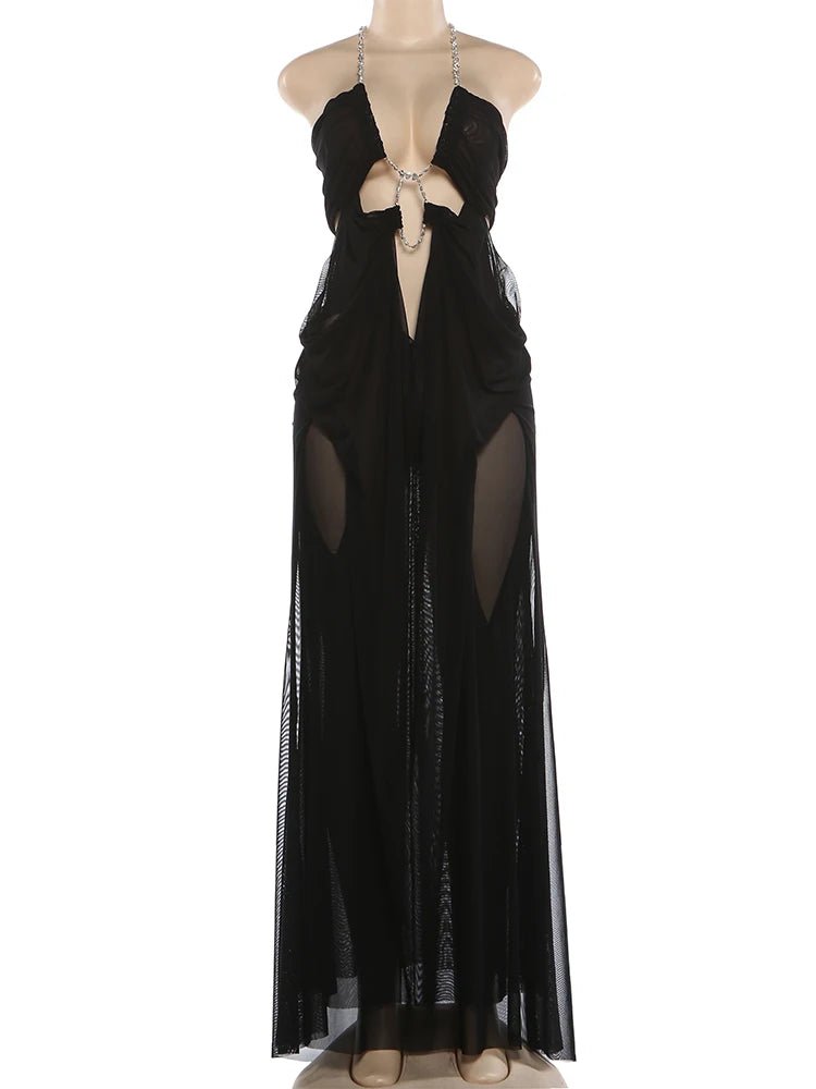 Nibber Prom Party Gown Dress Woman Sexy See Through Luxury Chain Halter Low-Neck Backless Sleeveless Midnight Elegant Vestidos - flohmarkt-deutschland.shop
