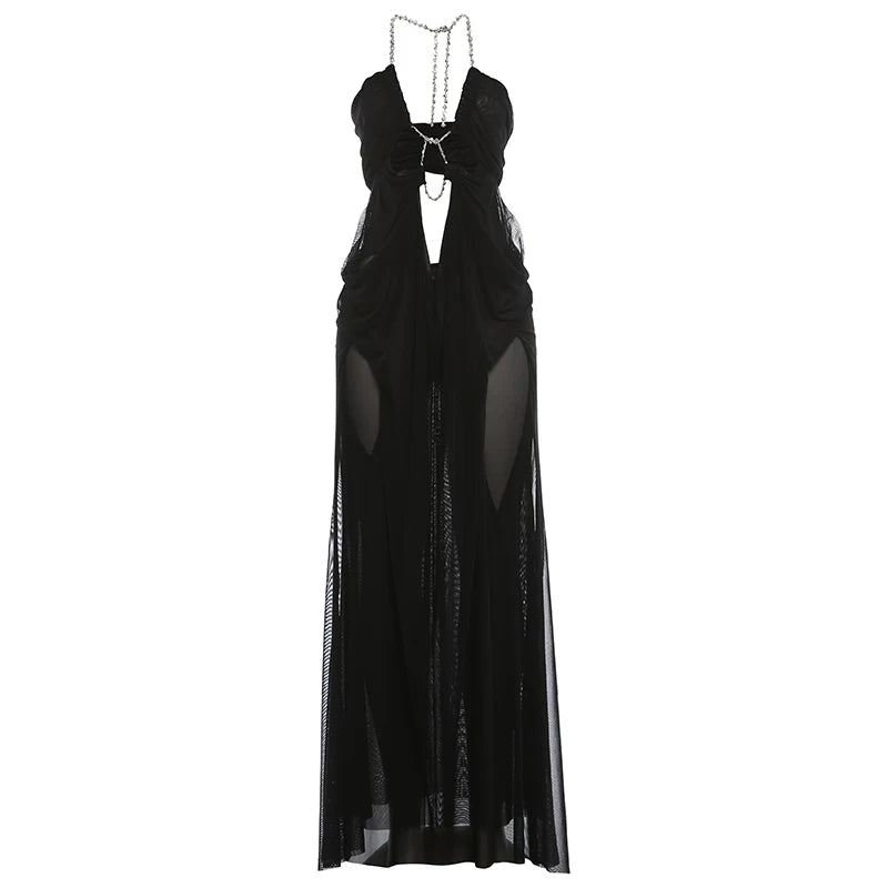 Nibber Prom Party Gown Dress Woman Sexy See Through Luxury Chain Halter Low-Neck Backless Sleeveless Midnight Elegant Vestidos - flohmarkt-deutschland.shop
