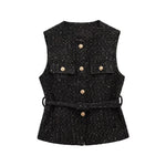 NLZGMSJ 2025 Frühling Damen Weste Top Mode mit Gürtel Slim Fit ärmellose Jacke Top für Frauen Textur Weste Top Neu - flohmarkt-deutschland.shop