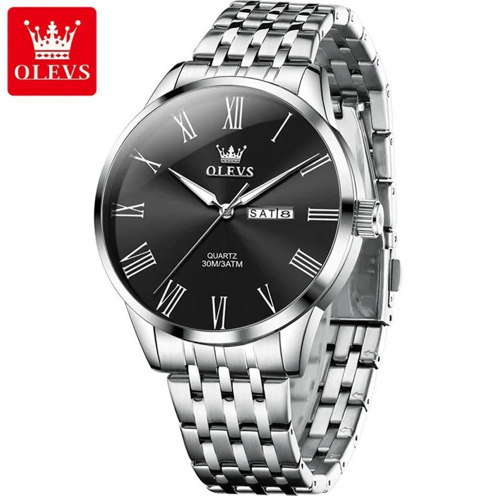 OLEVS Herrenuhr Business – Edelstahl, Römische Skala, Leuchtzeiger, Kalender, Quarz - flohmarkt-deutschland.shop