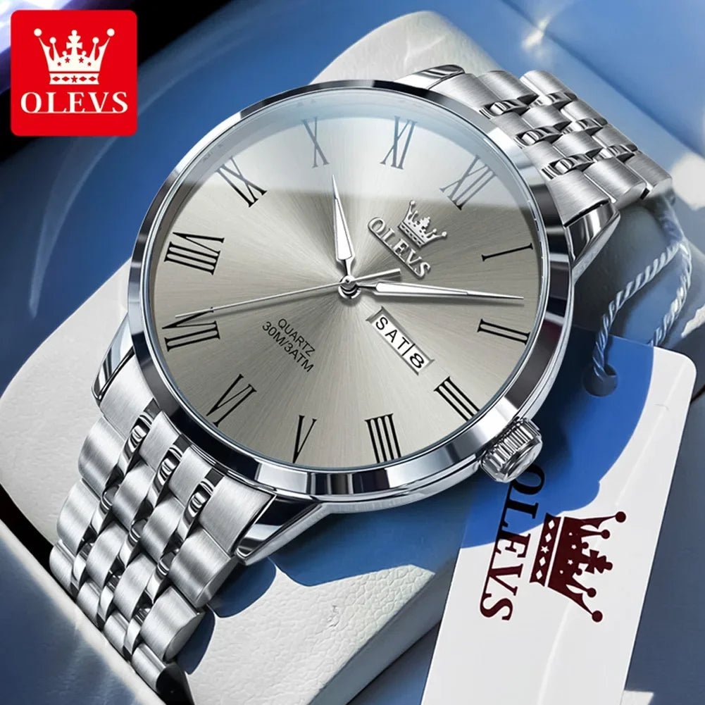 OLEVS Herrenuhr Business – Edelstahl, Römische Skala, Leuchtzeiger, Kalender, Quarz - flohmarkt-deutschland.shop