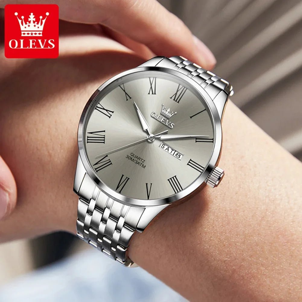 OLEVS Herrenuhr Business – Edelstahl, Römische Skala, Leuchtzeiger, Kalender, Quarz - flohmarkt-deutschland.shop