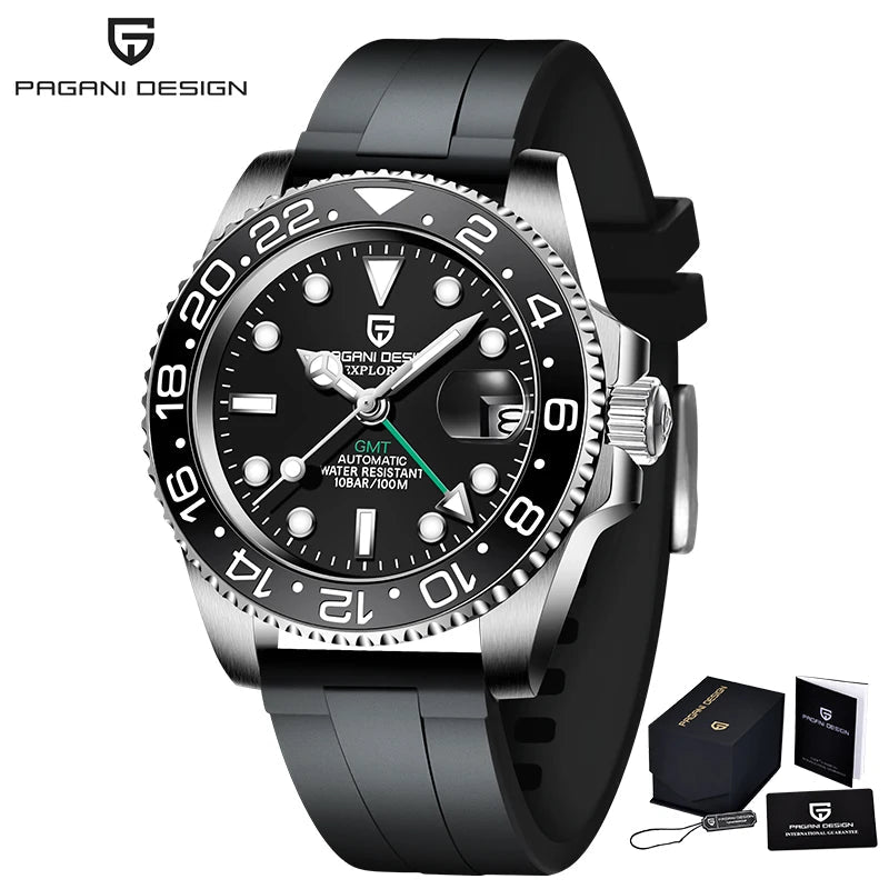 PAGANI DESIGN Herren Automatikuhr – GMT, Saphirglas, Keramik, 40mm, Wasserdicht - flohmarkt-deutschland.shop