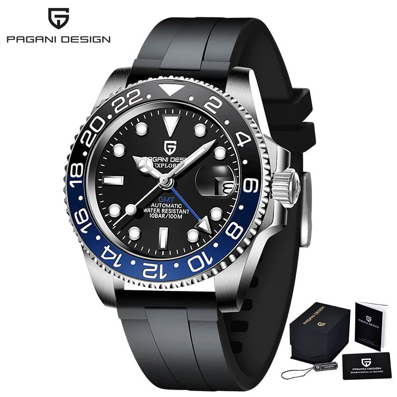 PAGANI DESIGN Herren Automatikuhr – GMT, Saphirglas, Keramik, 40mm, Wasserdicht - flohmarkt-deutschland.shop
