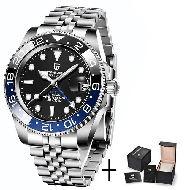 PAGANI DESIGN Herren Automatikuhr – GMT, Saphirglas, Keramik, 40mm, Wasserdicht - flohmarkt-deutschland.shop