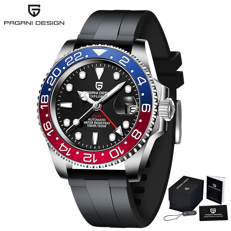 PAGANI DESIGN Herren Automatikuhr – GMT, Saphirglas, Keramik, 40mm, Wasserdicht - flohmarkt-deutschland.shop