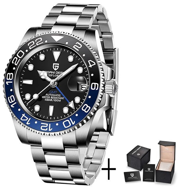 PAGANI DESIGN Herren Automatikuhr – GMT, Saphirglas, Keramik, 40mm, Wasserdicht - flohmarkt-deutschland.shop