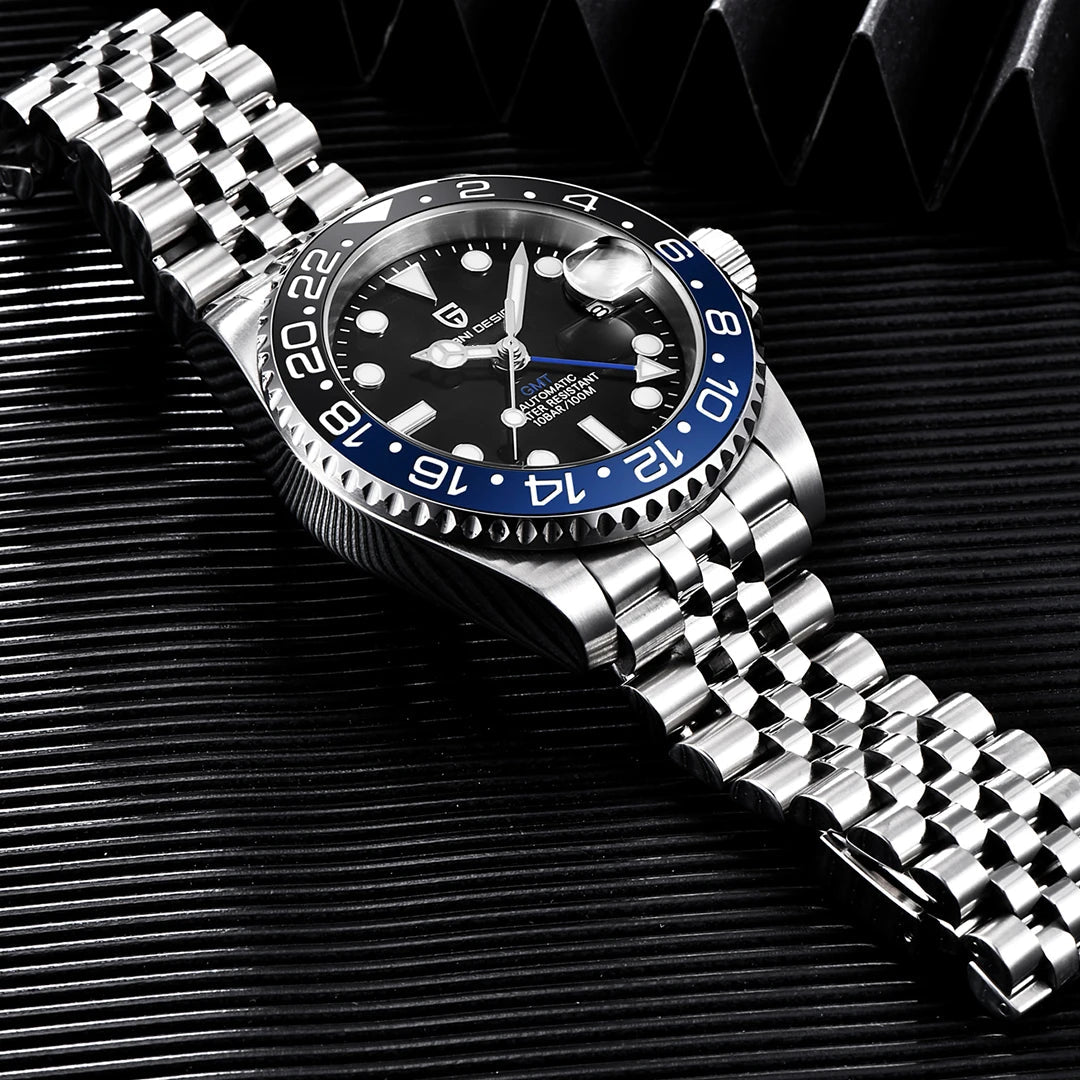 PAGANI DESIGN Herren Automatikuhr – GMT, Saphirglas, Keramik, 40mm, Wasserdicht - flohmarkt-deutschland.shop