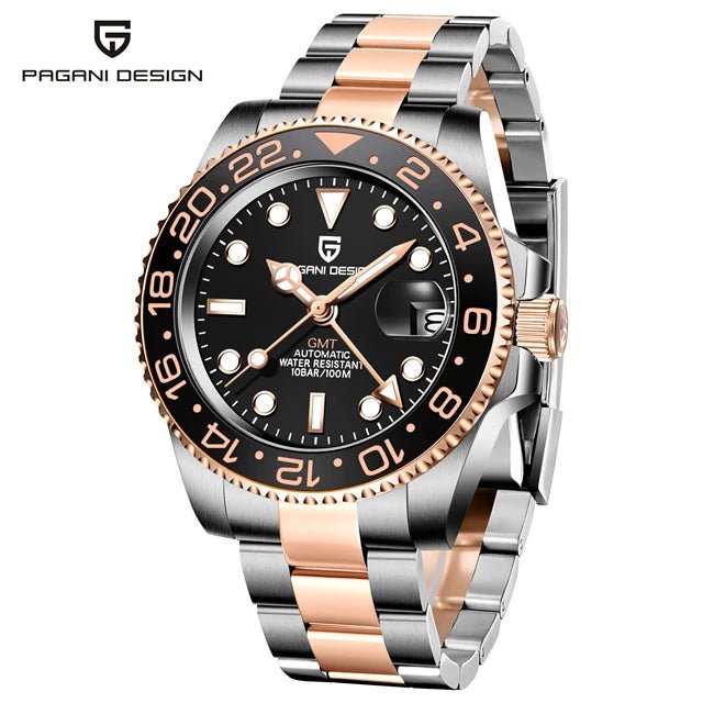 PAGANI DESIGN Herren Automatikuhr – GMT, Saphirglas, Keramik, 40mm, Wasserdicht - flohmarkt-deutschland.shop