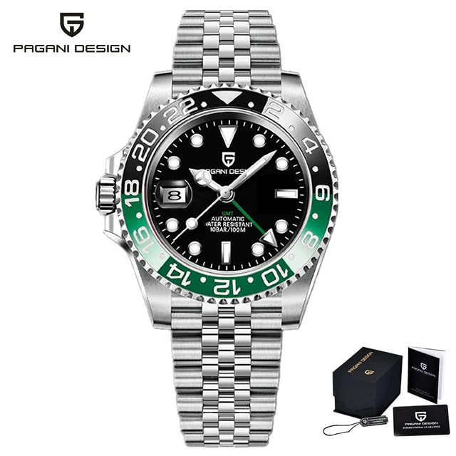 PAGANI DESIGN Herren Automatikuhr – GMT, Saphirglas, Keramik, 40mm, Wasserdicht - flohmarkt-deutschland.shop