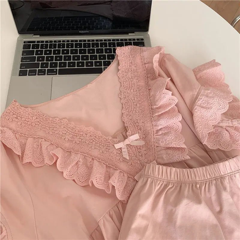 Pajama Sets Women Ruffles Minimalist Pure Design Elegant Fashion Daily Lounge Wear Summer V-neck Sexy Sweet Korean Style Ladies - flohmarkt-deutschland.shop