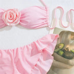 Pink 3D Flower Bandeau Bikinis Sets 2025 Sexy Swimsuit Women String Halter Swimwear Ruffled Bathing Suit Beach Wear Bikini Damen - flohmarkt-deutschland.shop