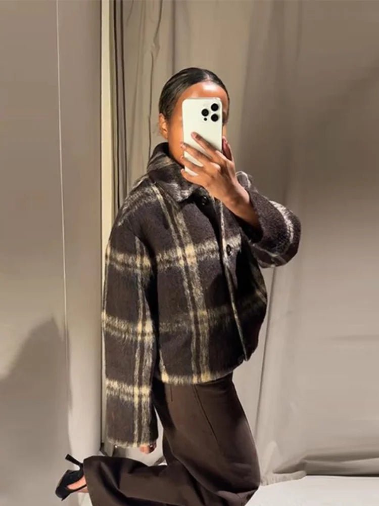 Plaid Rundhals Frauen Kurze Jacke Elegante Oversize Volle Ärmel Zweireiher Mantel 2024 Neue Herbst Winter Pendeln Outcoat Top - flohmarkt-deutschland.shop