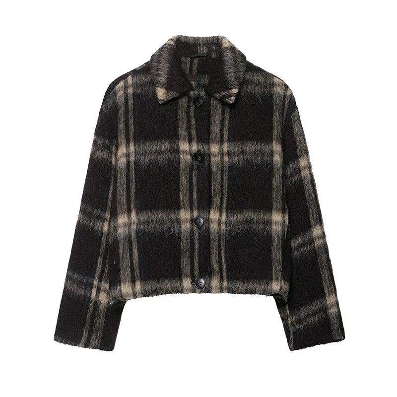 Plaid Rundhals Frauen Kurze Jacke Elegante Oversize Volle Ärmel Zweireiher Mantel 2024 Neue Herbst Winter Pendeln Outcoat Top - flohmarkt-deutschland.shop
