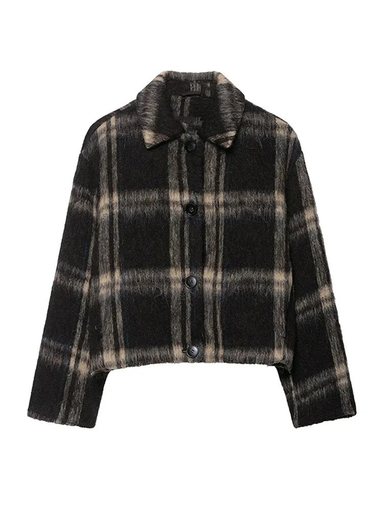 Plaid Rundhals Frauen Kurze Jacke Elegante Oversize Volle Ärmel Zweireiher Mantel 2024 Neue Herbst Winter Pendeln Outcoat Top - flohmarkt-deutschland.shop