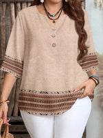 Plus size women's spring/summer/autumn new retro pattern front button leisure short sleeve shirt essential summer outfit - flohmarkt-deutschland.shop